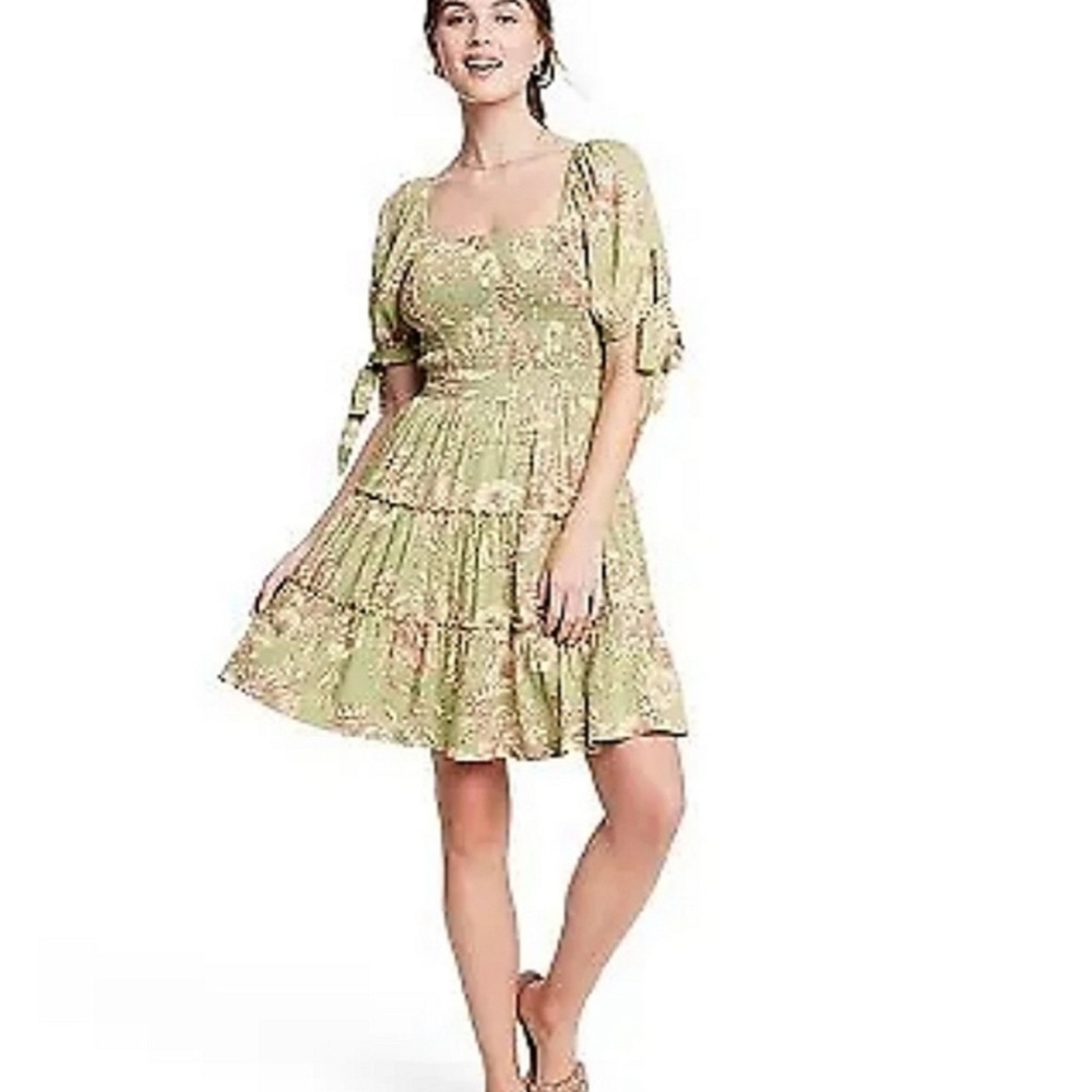 Green Puff Sleeve Smocked Mini Dress